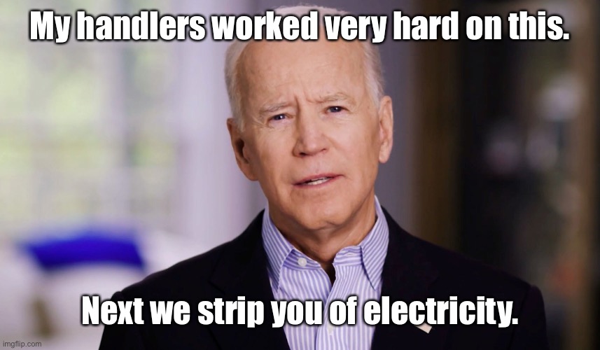 Joe Biden 2020 | My handlers worked very hard on this. Next we strip you of electricity. | image tagged in joe biden 2020 | made w/ Imgflip meme maker