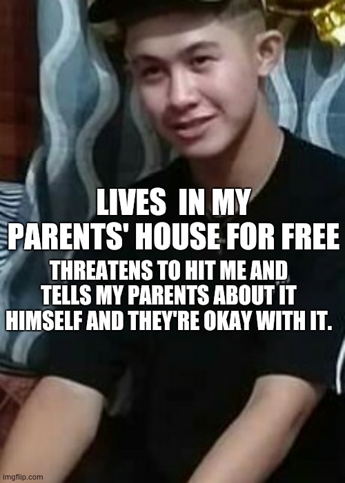 The Nerve | LIVES  IN MY PARENTS' HOUSE FOR FREE; THREATENS TO HIT ME AND TELLS MY PARENTS ABOUT IT HIMSELF AND THEY'RE OKAY WITH IT. | image tagged in bullying,unwanted house guest | made w/ Imgflip meme maker