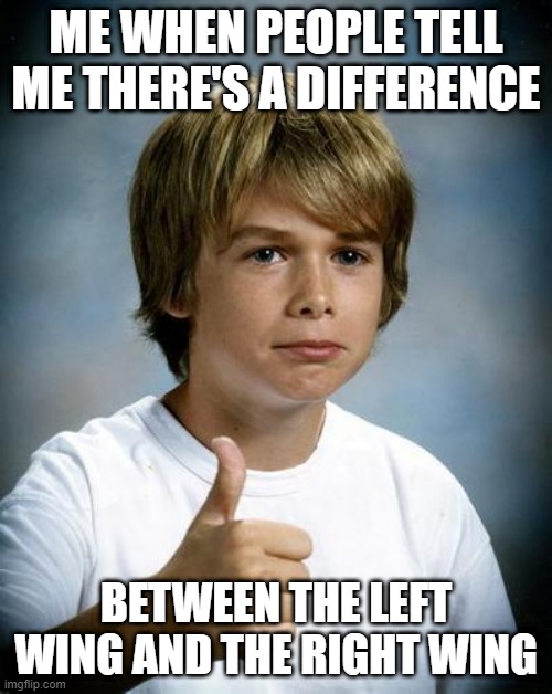 good luck gary | ME WHEN PEOPLE TELL ME THERE'S A DIFFERENCE; BETWEEN THE LEFT WING AND THE RIGHT WING | image tagged in good luck gary | made w/ Imgflip meme maker