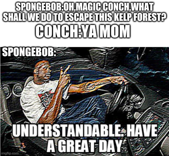 hdjska- | CONCH:YA MOM; SPONGEBOB:OH,MAGIC CONCH,WHAT SHALL WE DO TO ESCAPE THIS KELP FOREST? SPONGEBOB: | image tagged in understandable have a great day | made w/ Imgflip meme maker