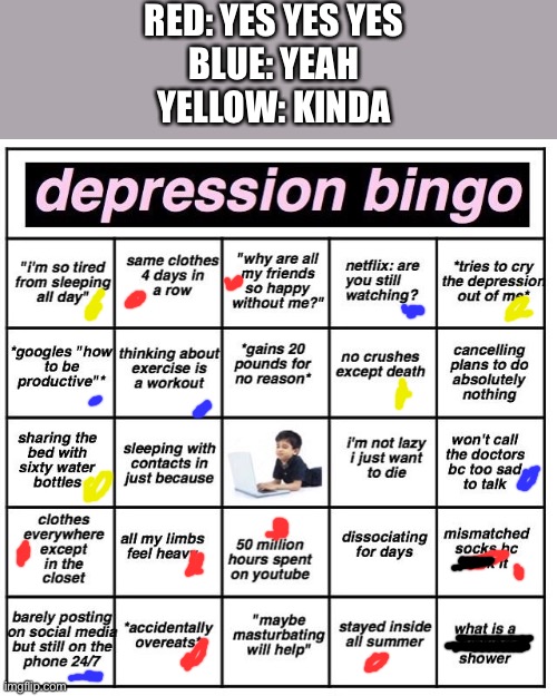 Lol | RED: YES YES YES
BLUE: YEAH
YELLOW: KINDA | image tagged in depression bingo | made w/ Imgflip meme maker
