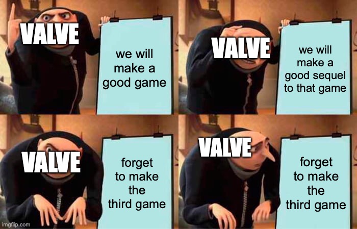 Valve's Plan | VALVE; VALVE; we will make a good game; we will make a good sequel to that game; VALVE; VALVE; forget to make the third game; forget to make the third game | image tagged in memes,gru's plan | made w/ Imgflip meme maker