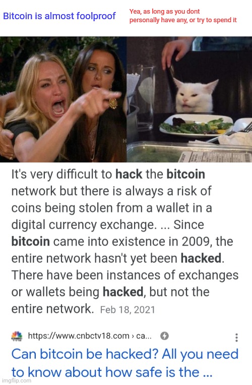 Bitcoin is almost foolproof; Yea, as long as you dont personally have any, or try to spend it | image tagged in memes,woman yelling at cat | made w/ Imgflip meme maker