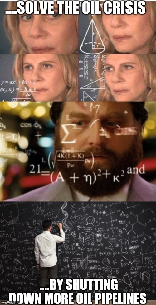 Politics and stuff | ....SOLVE THE OIL CRISIS; ....BY SHUTTING DOWN MORE OIL PIPELINES | image tagged in math lady/confused lady,trying to calculate how much sleep i can get,math | made w/ Imgflip meme maker