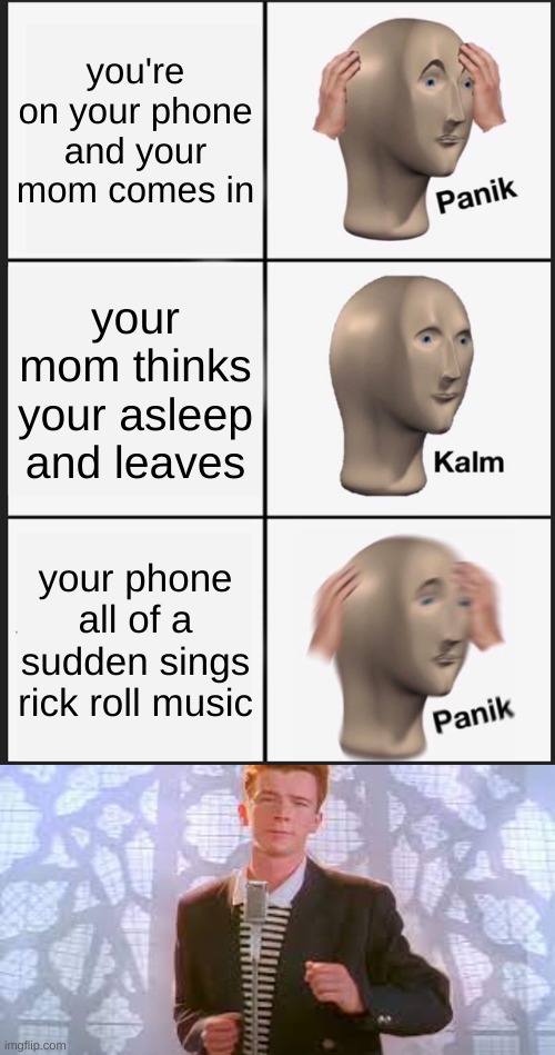 what an experience | you're on your phone and your mom comes in; your mom thinks your asleep and leaves; your phone all of a sudden sings rick roll music | image tagged in memes,panik kalm panik | made w/ Imgflip meme maker