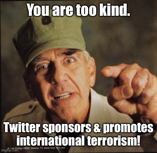 Military | You are too kind. Twitter sponsors & promotes international terrorism! | image tagged in military | made w/ Imgflip meme maker