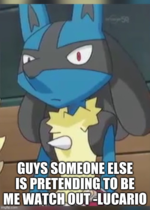 Lucario | GUYS SOMEONE ELSE IS PRETENDING TO BE ME WATCH OUT -LUCARIO | image tagged in lucario | made w/ Imgflip meme maker