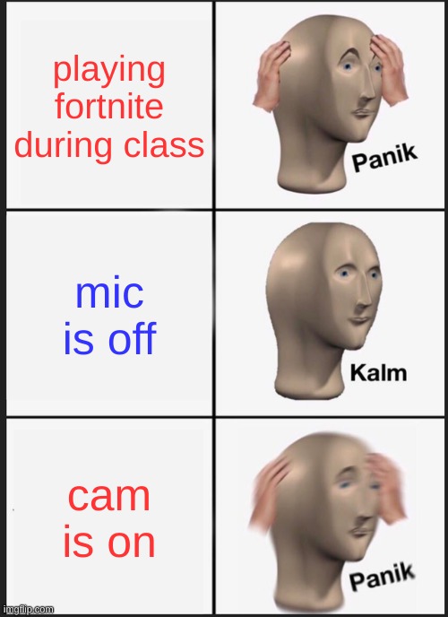 meme | playing fortnite during class; mic is off; cam is on | image tagged in memes,panik kalm panik | made w/ Imgflip meme maker