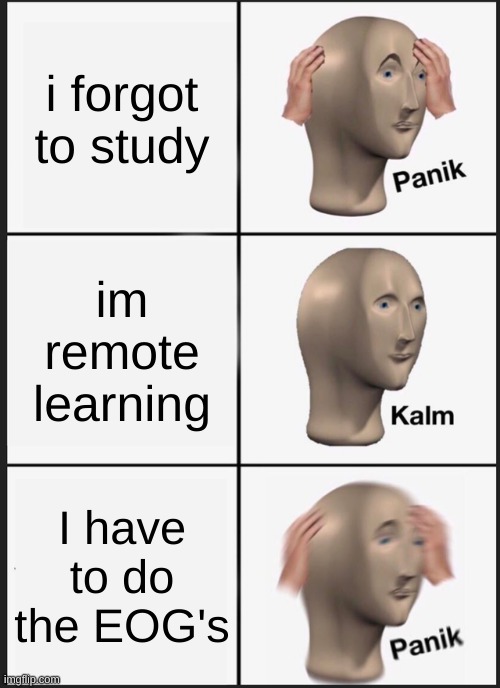 oh no EOG's | i forgot to study; im remote learning; I have to do the EOG's | image tagged in memes,panik kalm panik | made w/ Imgflip meme maker