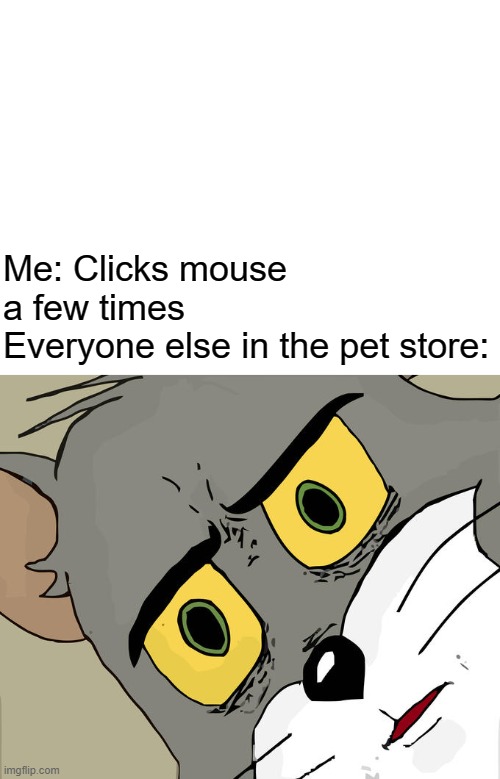 Me: Clicks mouse a few times
Everyone else in the pet store: | image tagged in memes,unsettled tom,funny | made w/ Imgflip meme maker