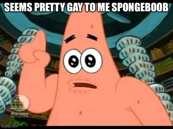 Patrick Says Meme | SEEMS PRETTY GAY TO ME SPONGEBOOB | image tagged in memes,patrick says | made w/ Imgflip meme maker