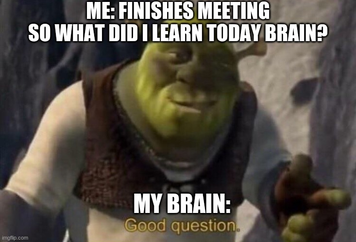 i ended the meeting 5 minutes ago | ME: FINISHES MEETING
SO WHAT DID I LEARN TODAY BRAIN? MY BRAIN: | image tagged in shrek good question | made w/ Imgflip meme maker