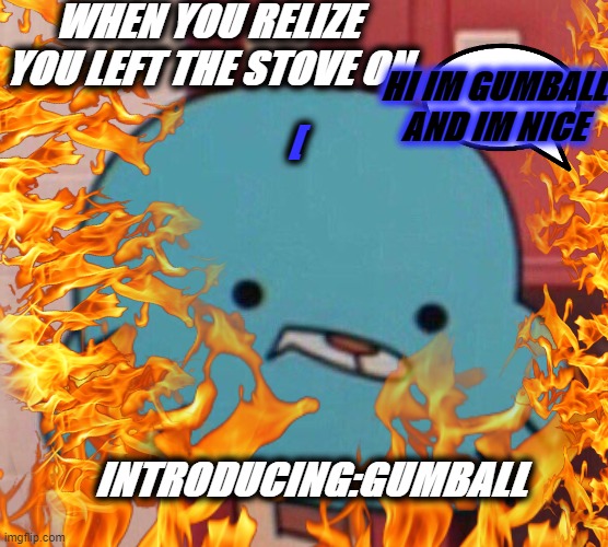 what | WHEN YOU RELIZE YOU LEFT THE STOVE ON; HI IM GUMBALL AND IM NICE; [; INTRODUCING:GUMBALL | image tagged in comments,so true memes,memes | made w/ Imgflip meme maker