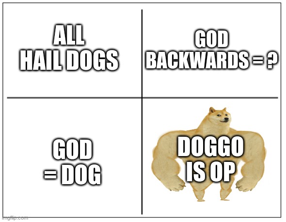 4 Square Grid | ALL HAIL DOGS; GOD BACKWARDS = ? DOGGO IS OP; GOD = DOG | image tagged in 4 square grid | made w/ Imgflip meme maker