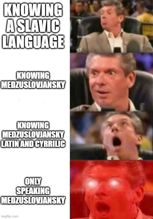 Mr. McMahon reaction | KNOWING A SLAVIC LANGUAGE; KNOWING MEDZUSLOVJANSKY; KNOWING MEDZUSLOVJANSKY LATIN AND CYRRILIC; ONLY SPEAKING MEDZUSLOVJANSKY | image tagged in mr mcmahon reaction,For_Slavs | made w/ Imgflip meme maker