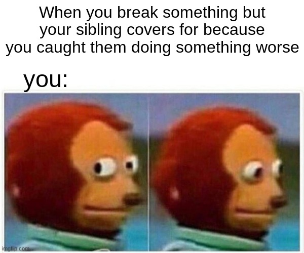kinda true | When you break something but your sibling covers for because you caught them doing something worse; you: | image tagged in memes,monkey puppet | made w/ Imgflip meme maker