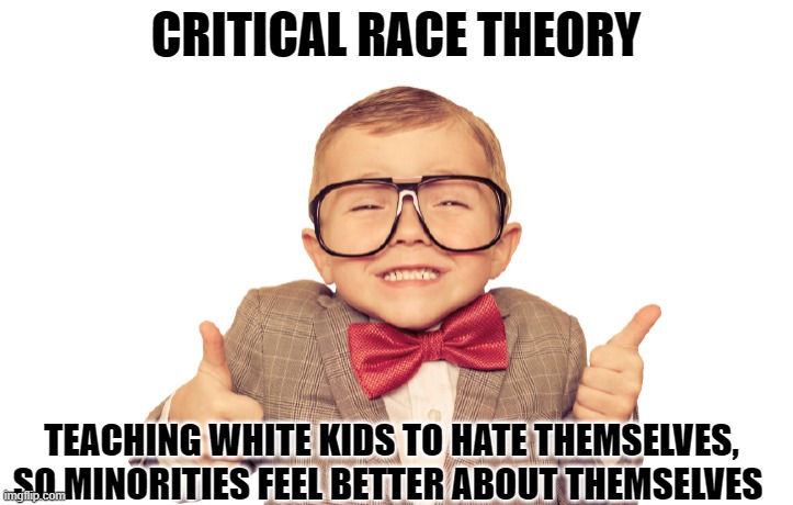 critical race theory -teaching white people to hate themselves for being born white- | CRITICAL RACE THEORY; TEACHING WHITE KIDS TO HATE THEMSELVES, SO MINORITIES FEEL BETTER ABOUT THEMSELVES | image tagged in stupid liberals,the truth,political meme,funny memes | made w/ Imgflip meme maker