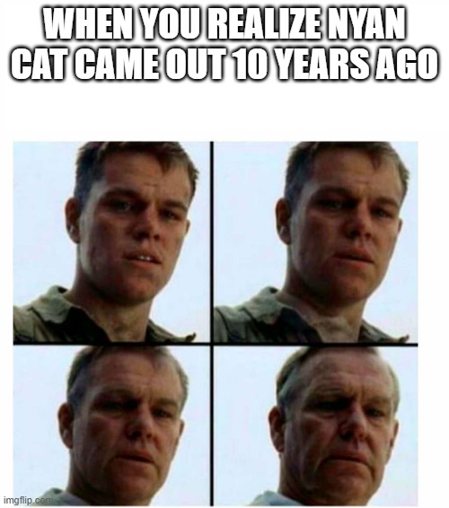 Matt Damon gets older | WHEN YOU REALIZE NYAN CAT CAME OUT 10 YEARS AGO | image tagged in matt damon gets older | made w/ Imgflip meme maker