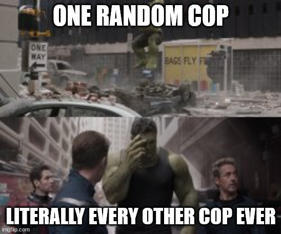 social media :/ | ONE RANDOM COP; LITERALLY EVERY OTHER COP EVER | image tagged in hulk smash | made w/ Imgflip meme maker