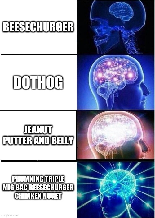 just about mcphumking had it | BEESECHURGER; DOTHOG; JEANUT PUTTER AND BELLY; PHUMKING TRIPLE MIG BAC BEESECHURGER CHIMKEN NUGET | image tagged in memes,expanding brain | made w/ Imgflip meme maker