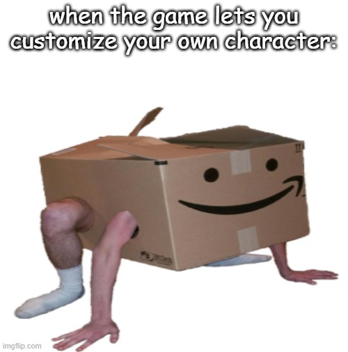 when the game lets you customize your own character: | image tagged in blank white template,memes,funny,amazon box man,stop reading the tags | made w/ Imgflip meme maker