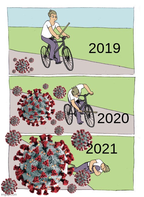 Covid is getting worse, wear your masks! | 2019; 2020; 2021 | image tagged in memes,bike fall,masks,covid,bikes,2021 | made w/ Imgflip meme maker