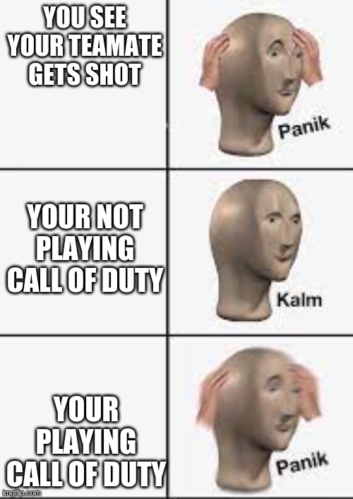 YOU SEE YOUR TEAMATE GETS SHOT; YOUR NOT PLAYING CALL OF DUTY; YOUR PLAYING CALL OF DUTY | image tagged in call of duty | made w/ Imgflip meme maker