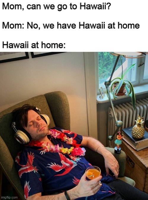 Mom, can we go to Hawaii?
 
Mom: No, we have Hawaii at home
 
Hawaii at home: | image tagged in memes,hawaii,at home | made w/ Imgflip meme maker