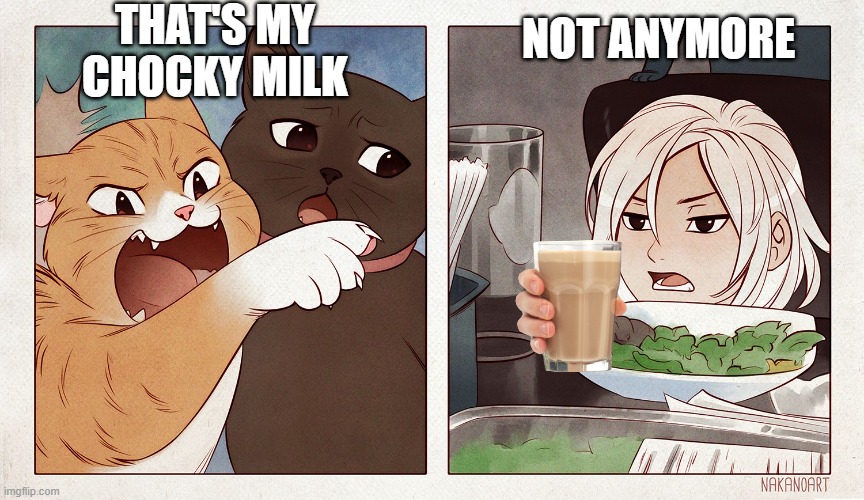 Cat yelling at girl | THAT'S MY CHOCKY MILK; NOT ANYMORE | image tagged in cat yelling at girl | made w/ Imgflip meme maker