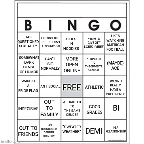 Comment Your Bingos And Questions | LIKES WATCHING AMERICAN FOOTBALL; HIDES IN HOODIES; LIKES SCHOOL BUT DOESN'T LIKE SCHOOL; "HOW TO GIVE OFF LGBTQ+ VIBES"; HAS QUESTIONED SEXUALITY; SOMEWHAT DARK SENSE OF HUMOR; CAN'T SIT NORMALLY; MORE OPEN ONLINE; (MAYBE) ACE; ATTRACTED TO THE OPPOSITE GENDER; WANTS A PRIDE FLAG; DOESN'T REALLY HAVE A PREFERENCE; FREE; ANTISOCIAL; ATHLETIC; OUT TO FAMILY; ATTRACTED TO THE SAME GENDER; INDECISIVE; GOOD GRADES; BI; HAS QUESTIONED GENDER IDENTITY; "SWEATER WEATHER"; OUT TO FRIENDS; IN A RELATIONSHIP; DEMI | image tagged in blank bingo card | made w/ Imgflip meme maker