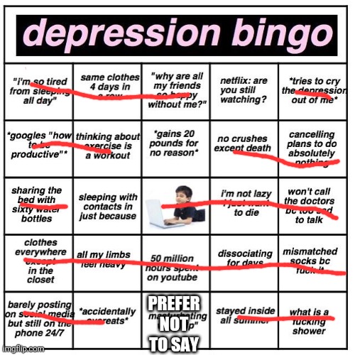 Why not revisit this | PREFER NOT TO SAY | image tagged in depression bingo | made w/ Imgflip meme maker