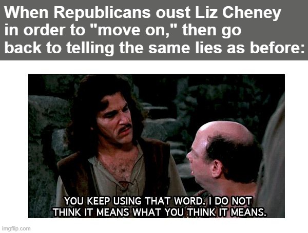 It's not really about "moving on." It's about enforcing party unity by punishing a dissenter. | When Republicans oust Liz Cheney in order to "move on," then go back to telling the same lies as before: | image tagged in definition hound inigo montoya,inigo montoya,republicans,2020 elections,election 2020,lies | made w/ Imgflip meme maker
