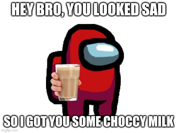 Blank White Template | HEY BRO, YOU LOOKED SAD; SO I GOT YOU SOME CHOCCY MILK | image tagged in blank white template | made w/ Imgflip meme maker