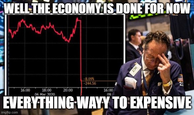 Well now we will get the Second Great Depression | WELL THE ECONOMY IS DONE FOR NOW; EVERYTHING WAYY TO EXPENSIVE | image tagged in the trump economy stock market,second great depression | made w/ Imgflip meme maker