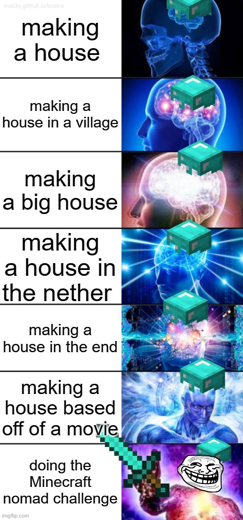 7-Tier Expanding Brain | making a house; making a house in a village; making a big house; making a house in the nether; making a house in the end; making a house based off of a movie; doing the Minecraft nomad challenge | image tagged in 7-tier expanding brain | made w/ Imgflip meme maker