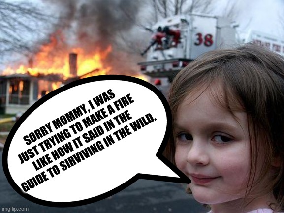 sorry, now let it burn. | SORRY MOMMY, I WAS JUST TRYING TO MAKE A FIRE LIKE HOW IT SAID IN THE GUIDE TO SIRVIVING IN THE WILD. | image tagged in funny | made w/ Imgflip meme maker