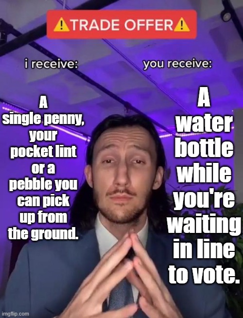 The law doesn't allow me to just give this to you, but... | A water bottle while you're waiting in line to vote. A single penny, your pocket lint or a pebble you can pick up from the ground. | image tagged in trade offer,voter suppression,legal loophole,big brain time | made w/ Imgflip meme maker