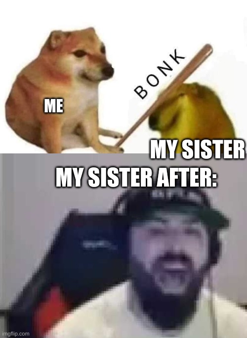 ME; MY SISTER; MY SISTER AFTER: | image tagged in doge bonk | made w/ Imgflip meme maker