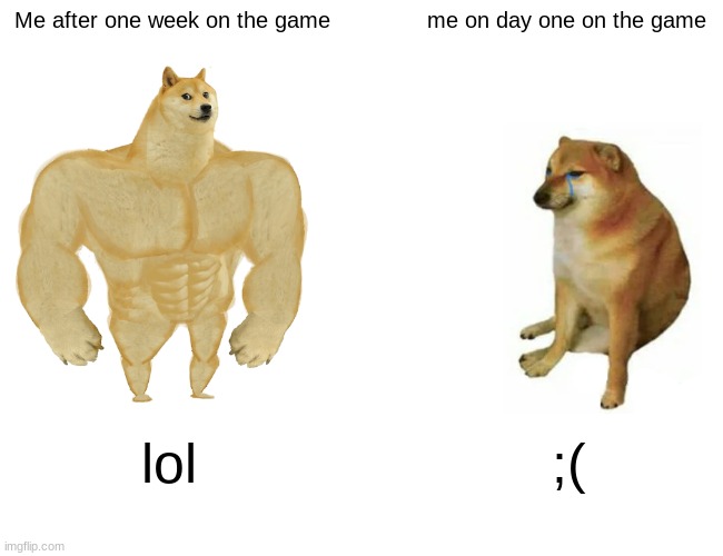 Buff Doge vs. Cheems | Me after one week on the game; me on day one on the game; lol; ;( | image tagged in memes,buff doge vs cheems | made w/ Imgflip meme maker
