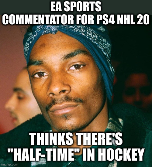 Snoop Dogg and Hockey | EA SPORTS COMMENTATOR FOR PS4 NHL 20; THINKS THERE'S "HALF-TIME" IN HOCKEY | image tagged in snoop dogg,ea sports,ice hockey,halftime | made w/ Imgflip meme maker