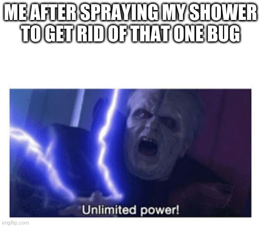 title.com has stopped working. Would you like to wait? | ME AFTER SPRAYING MY SHOWER TO GET RID OF THAT ONE BUG | image tagged in unlimited power | made w/ Imgflip meme maker