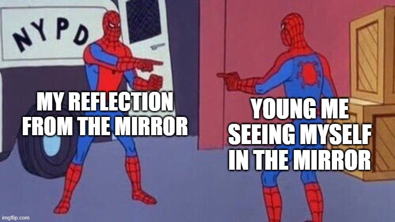 young life | MY REFLECTION FROM THE MIRROR; YOUNG ME SEEING MYSELF IN THE MIRROR | image tagged in spiderman pointing at spiderman,stop reading the tags,stop it,stop it get some help | made w/ Imgflip meme maker