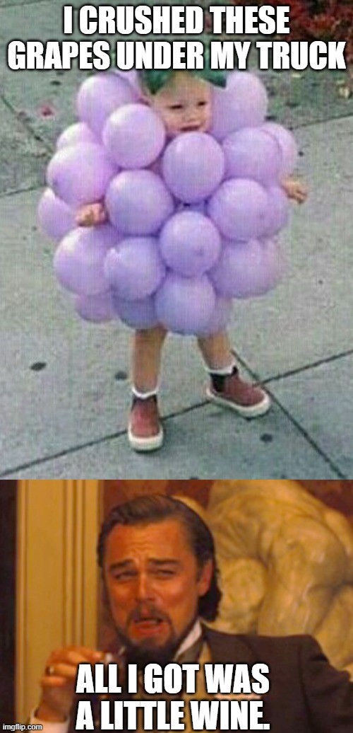 I CRUSHED THESE GRAPES UNDER MY TRUCK; ALL I GOT WAS A LITTLE WINE. | image tagged in memes,laughing leo | made w/ Imgflip meme maker