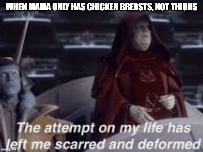 The attempt on my life has left me scarred and deformed | WHEN MAMA ONLY HAS CHICKEN BREASTS, NOT THIGHS | image tagged in the attempt on my life has left me scarred and deformed | made w/ Imgflip meme maker