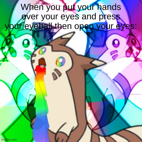 the world is rAiNbOW now!! | When you put your hands over your eyes and press your eyeball then open your eyes: | image tagged in furret on acid | made w/ Imgflip meme maker