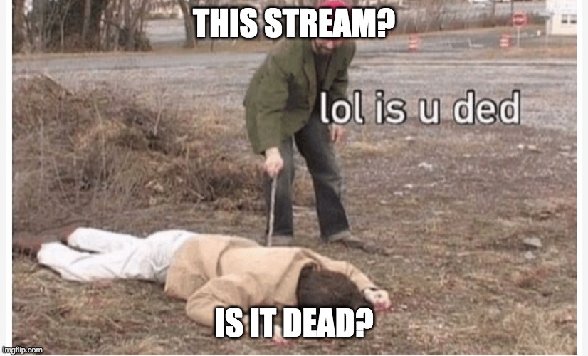 :P | THIS STREAM? IS IT DEAD? | image tagged in lol is u ded | made w/ Imgflip meme maker