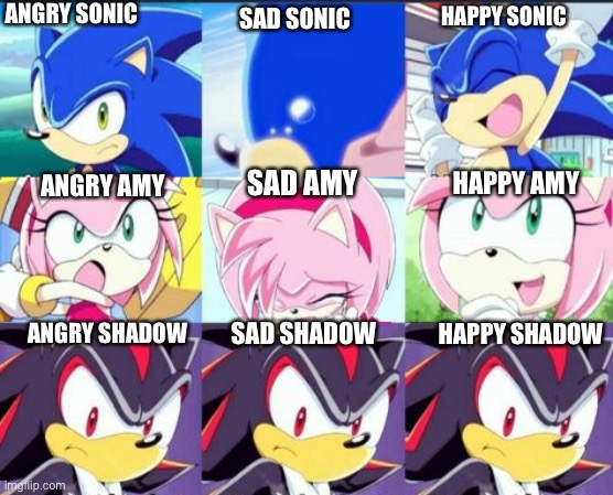 Angry, sad, happy | ANGRY SONIC; SAD SONIC; HAPPY SONIC; SAD AMY; HAPPY AMY; ANGRY AMY; ANGRY SHADOW; SAD SHADOW; HAPPY SHADOW | image tagged in sonic the hedgehog,memes,gaming | made w/ Imgflip meme maker