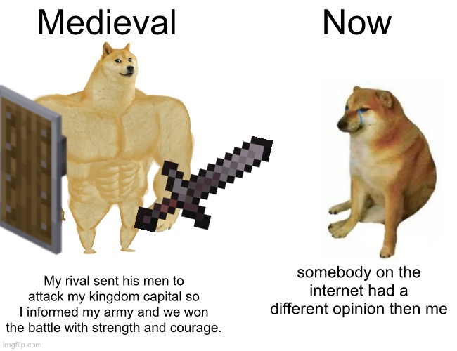 Conflicts: medieval vs now | Medieval; Now; My rival sent his men to attack my kingdom capital so I informed my army and we won the battle with strength and courage. somebody on the internet had a different opinion then me | image tagged in memes,buff doge vs cheems | made w/ Imgflip meme maker