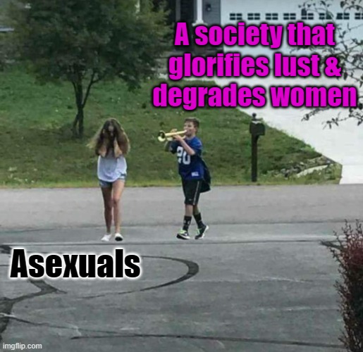 It gets tiring | A society that glorifies lust &
degrades women; Asexuals | image tagged in noise,asexual,perversion is normalized,pressure to conform | made w/ Imgflip meme maker