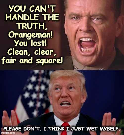 Forget the Big Lie. Trump lost. | YOU CAN'T HANDLE THE TRUTH, Orangeman! 
You lost! 
Clean, clear, fair and square! PLEASE DON'T. I THINK I JUST WET MYSELF. | image tagged in you can't handle the truth,trump,wimp,loser | made w/ Imgflip meme maker